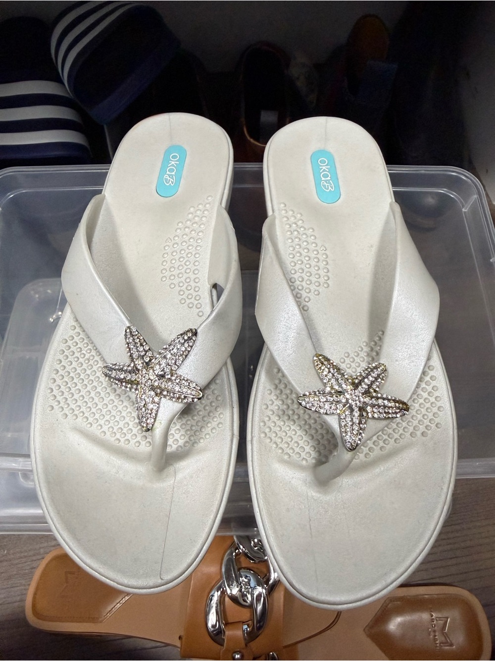 OKA b. White Rhinestone Starfish Flip Flops